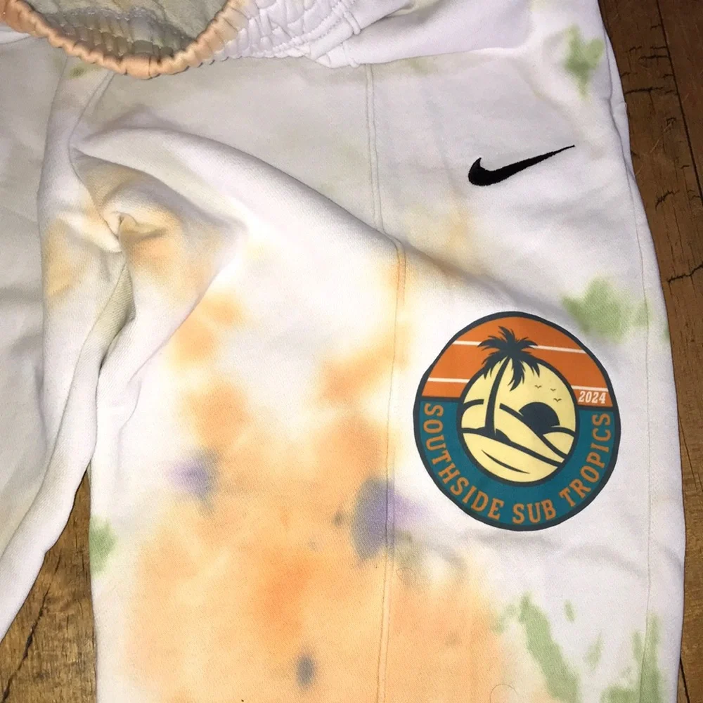 Nike White Tie-Dye Patch Joggers with Orange, Purple & Light Green‎ Accents